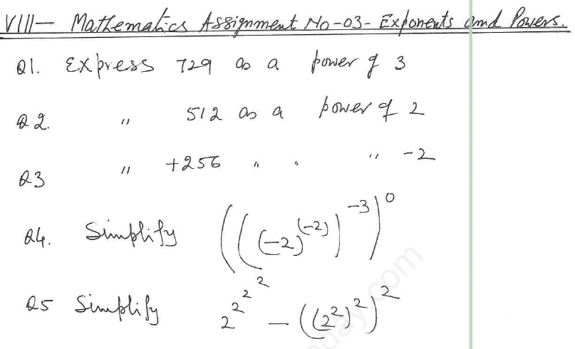 CBSE Class 8 Exponents and Powers Assignment 6