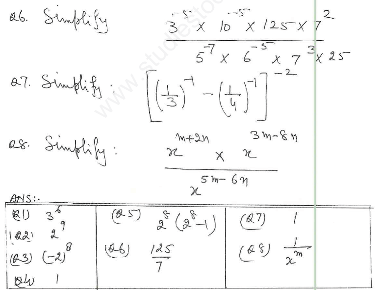 CBSE Class 8 Exponents and Powers Assignment 6