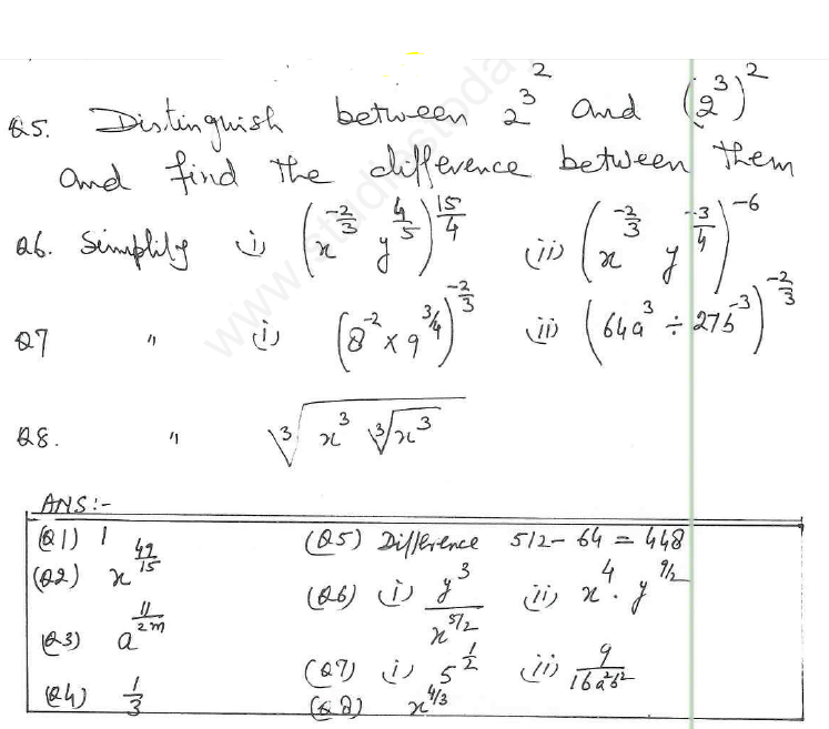 CBSE Class 8 Exponents and Powers Assignment 7