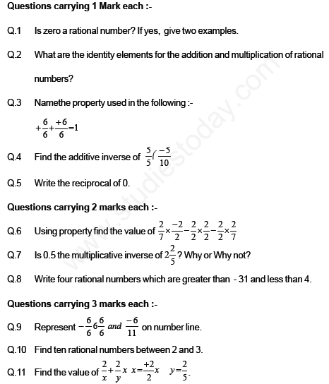 CBSE Class 8 Mathematics Rational Numbers Assignment Set D