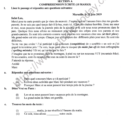 CBSE Class 9 French Question Paper Set G Solved 1