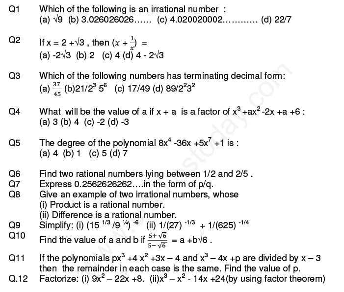 CBSE Class 9 Mathematics Revision Assignments Set F