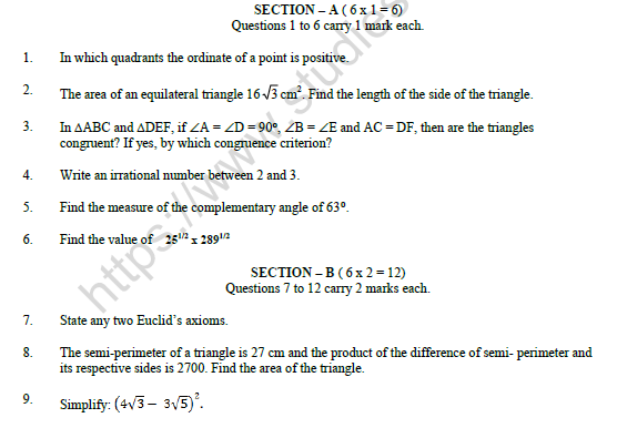 CBSE Class 9 Mathematics Sample Paper Set L 1