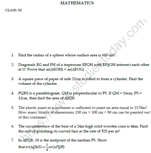 CBSE Class 9 Mathematics Worksheet Set B Solved 1