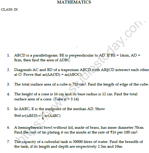 CBSE Class 9 Mathematics Worksheet Set D Solved 1