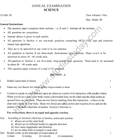 CBSE Class 9 Science Sample Paper J 1