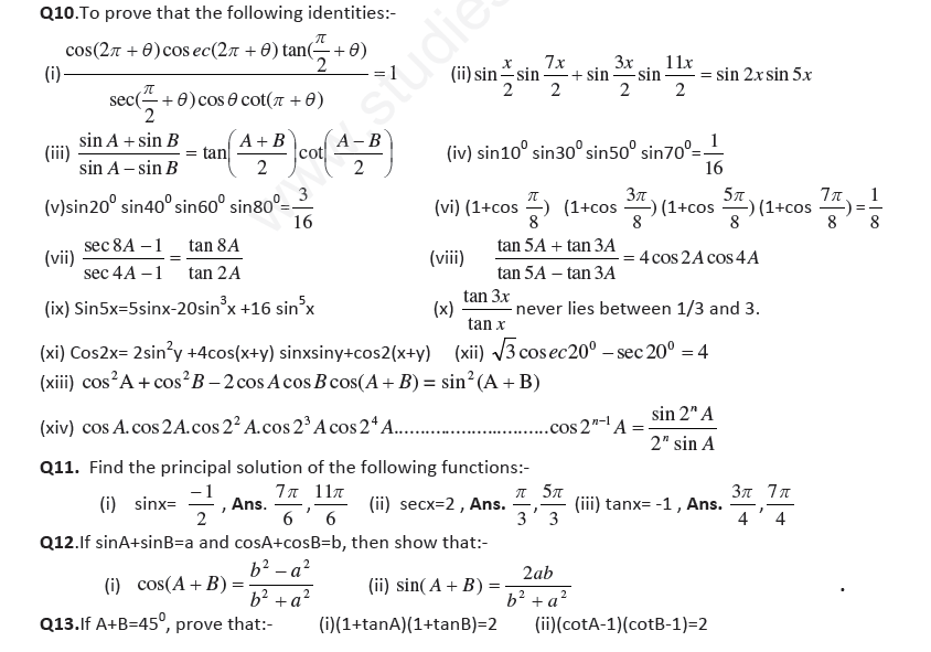 CBSE Class 11 Mathematics Trigonometry Assignment Set B