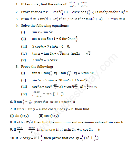 CBSE Class 11 Mathematics Trigonometry Assignment Set A