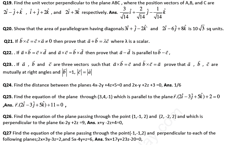 BSE Class 12 Mathematics Three Dimensional Geometry Assignment Set C