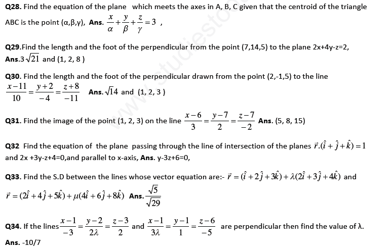 BSE Class 12 Mathematics Three Dimensional Geometry Assignment Set C