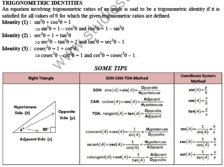 CBSE Class 10 Introduction to Trigonometry Important Formulas and concepts for exams