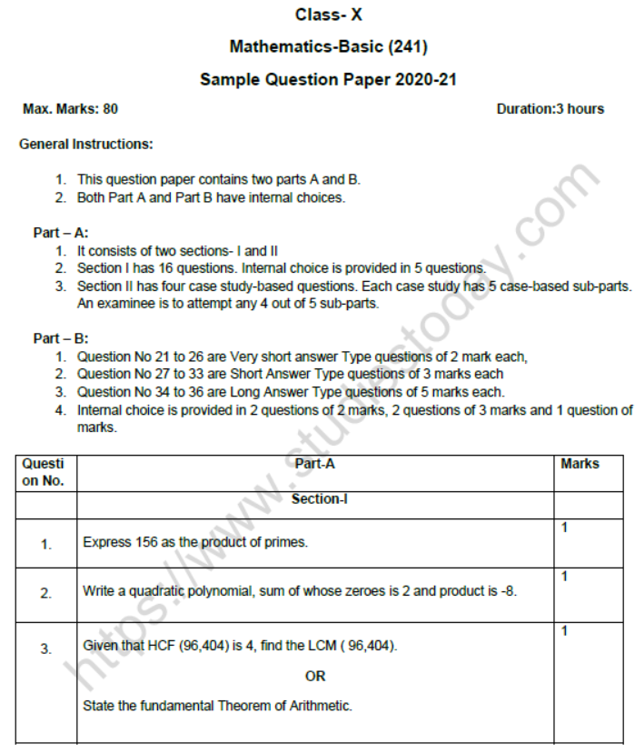 CBSE Class 10 Mathematics Basic 2021 Sample Paper Solved