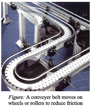 common example of a roller. The round pencils are also rollers. A wheel is also a kind of roller. As we will learn after a while, the rollers and wheels give rise to ‘rolling friction’. We have already studied that we have to apply a considerable force to pull a block of wood kept on the table due to large force of friction between them. Let us now place four or five round pencils below the wooden block and then pull the block from its string. We will find that it is much easier to pull the block now. This means that when the block of wood is moved by keeping over round pencils (which act as rollers), then the friction is much less. In this case, when we pull the block of wood from its string, then the round pencils kept below start rolling (like wheels). And this rolling action of the pencils reduces the friction. The friction which acts in this case is called rolling friction. Thus, when a body (like a roller or wheel) rolls over the surface of another body, the friction is called rolling friction. When we pull the block of wood on the table top (without keeping pencils), then we have sliding friction. But when we pull the same block of wood by keeping round pencils below it, then we have rolling friction. In this way, the rollers (here pencils) convert sliding friction into rolling friction which is much less. The rolling friction is due to two reasons: i) the rolling body deforms the surface a little bit on which it rolls, and ii) the rolling body itself gets deformed at its point of contact with the surface. Let us make it more clear by taking an example. Suppose a car is moving on the road. The wheels of the car act as rollers which roll on the road. Now, the tyres of the car cause a slight deformation on the road (the deformation produced on the road by a car tyre is so small that we cannot see it). At the same time, the tyres themselves get deformed or flattened at their point of contact with the road (see figure) (the deformation of tyres is quite large which we can see easily). Now, as the wheels of the car roll along continuously, the various parts of the tyres and the road are successively deformed and cause rolling friction. And some force has to be applied by the car engine to overcome this rolling friction. It is obvious that if the wheel is hard and the road is also hard, then the deformation will be less and hence the rolling friction will also be less. So, we should have sufficient air pressure in the car tyre to reduce the rolling friction. But we cannot put too much air pressure in car tyres because then the car will not give a smooth ride on the road. The wheels of a train are made of metal and the railway line is also made of metal, so the deformation in them is very small and hence the rolling friction between them is also very small. But the rolling friction can never be zero. Note that rolling friction is much less than sliding friction. Since the rolling friction is much less than the sliding friction, therefore, it is easier to roll a heavy drum than to drag it. The purposes of attaching rollers (or wheels) to the bodies is to convert the sliding friction into rolling friction so that these bodies can be moved easily. For example, it is quite difficult to move a heavy body by dragging it due to the high value of sliding friction. But if the same body is provided with rollers (or wheels), then the sliding friction is converted into rolling friction (which is much less), and it becomes easy to move the body with rollers or wheels. Most of the suitcases these days are fitted with small wheels (called rollers) due to which it becomes very convenient to pull them from one place to another. Friction Exerted by Liquids and Gases All solid surfaces exert friction on solid bodies moving over them. Even liquids and gases exert friction on the solid bodies moving over them (or moving through them). The liquids and gases, however, exert much less friction as compared to solid surfaces. The most common liquid around us is water and the most common gas around us is air. So, we can also say that even water and air exert friction on solid bodies moving over them or moving through them. But the friction exerted by water and air is much less than that exerted by solid surfaces. We will now discuss the friction exerted by water and air in a little more detail. When a person swim in water, the water opposes his motion. This is because water exerts a force of friction on the swimmer (in a direction opposite to his motion). Similarly, the b oa t s a nd s hip s which move in wa t er experience the friction of water. But, the friction exerted by water is much less than that exerted by solid surfaces. Though the small friction offered by water is good for the movement of boats and ships in water but it creates problems when the boats and ships which are moving in water are to be slowed down or stopped. Since the friction exerted by water is very small, it becomes difficult to apply brakes to a moving ship or stop a moving ship, its engines are fired in the opposite direction as brakes which slows down or stops the ship moving on water. Similarly, to stop a moving boat in water,, the oars are operated in the reverse direction (which act like brakes to the moving boat). We have just studied that the friction due to water is small. But the friction due to air is still smaller. The very small friction of air is used in developing hovercrafts which move a little above the surface of water in the sea. These hovercrafts face much less friction (because they move in air) than ships (which move on water), due to which hovercrafts are able to move fast. Before we go further, we should know the meaning of the term ‘streamlined shape’. The special shape of a body (or object) around which a fluid (air on water) can flow past easily, is called streamlined shape. A body having streamlined shape faces the minimum resistance while moving in air or water. The shapes of boats and ships are made ‘streamlined’ so that they experience the minimum friction while moving in water. Even the shapes of fishes and other marine animals are such that they face the minimum friction while moving in water. Nature has made their bodies streamlined. We will now discuss the friction of air (which is a gas); Air exerts the force or friction on all the bodies which move through it and opposes their motion. But the friction of air is so small that we are not able to experience its effect easily. We can observe the effect of friction of air only when an object falling through air is either very light having a large surface area, or when the object falling through air has a very, high speed. This will become more clear from the following examples. If we drop a coin and a feather from the same height simultaneously, we find that the coin reaches the ground first but the feather takes a little more time to reach the ground. The feather reaches the ground a little later because the friction of air opposes its motion and slows it down .Please note that though air also exerts friction on the falling coin but since the coin is compact and heavy, the effect of friction of air on it cannot be observed by us. On the other hand, since the feather is light and has a large surface area, the effect of friction of air is more obvious on the falling feather which can be observed easily. The most interesting example of the friction of air is the case of a meteor (or shooting start). Meteors are the stone like objects which enter into the earth’s atmosphere from the outer space with a very, very high speed. When the meteors fall through the earth’s atmosphere, their motion is opposed by the friction of air. Due to the very high speed of meteors through air, the heat produced by the friction of air is so large, that the meteors start burning. The burning meteors are seen by us as shooting stars coming down the sky during night. Most of the meteors falling from the sky are small and burn up completely before reaching the surface of earth. Only the very large meteors burn partially and reach the earth’s surface. The meteors which land on earth’s surface are called meteorites. The automobiles (like cars), aeroplanes and rockets are specially designed to streamlined shapes to minimise the effect of friction of air when they move with high speeds through air. Even nature has shaped the bodies of all the birds in such a manner that they experience the minimum friction of air when they fly in air. Friction is a Necessary Evil: Friction plays an important role in our daily life. In some cases, friction is useful to us and we wish to keep it (or increase it). But in other cases, friction is harmful and we want to reduce it. We will first describe those cases where friction is useful to us. After that we will discuss those cases where friction is harmful to us. And finally we will describe the various methods of reducing friction. Where Friction is Useful slippery ground is difficult because the frictional force is not great enough toWe are able to walk because friction prevents us from slipping. When we push the ground with our foot, the friction provides a forward reaction to our push and sends us forward. If there were no friction between the ground and the soles of our shoes, if would not be possible to walk. Walking on prevent slipping. It is also difficult to walk on a road covered with green algae in the monsoon because algae make the road surface very smooth and hence the friction is not great enough to prevent us from slipping. When we step on to a banana skin thrown on the road, our foot slips because the friction gets reduced because of the smoothness of the banana skin. Without friction, belts could not drive machines and the brakes could not be applied to cars or other vehicles. Friction between the brake-shoe and the brake- drum slows down the wheels and friction between the tyres and the road brings the car to a stop. If there were no friction between the tyres of a car and the road, the wheels of a car would spin at one place and the car would not move. Without friction, nails and screws could not be used to hold things together and knots could not be tied. Friction also enables us to write on paper. We are able to write because there is friction between the tip of pen (or pencil) and paper. Writing with a a pen (pencil or chalk) would have been impossible without friction. The lighting of a match stick is another useful application of friction. When we rub a match-stick against the side of the match box, then the friction between the head of match-stick and the side of match box produces heat. This heat heats up the chemicals present on the tip of the match-stick due to which the match-stick lights up. Thus, the lighting of a match-stick would not have been possible without friction. In some situations we have to even increase the friction (to make it more useful). The friction is increased by increasing the roughness of surfaces. For example, the surface of the head of a match-stick and the sides of the match-box are deliberately made rough to increase the friction. Due to increased friction, greater frictional heat is produced on rubbing the head of match-stick against the side of the match box because of which the match-stick lights up easily. We also increase friction in the case of tyres of bicycles, cars, buses and other vehicles. The friction in tyres is increased by making grooves in them. The tyres having grooves on their outer surface are called ‘corrugated’. Thus, the tyre surfaces are made corrugated and rough so that the friction between the tyres and the road increases. Due to greater friction, the tyres get a better grip on the road which prevents skidding of the vehicles. Smooth tyres (worn out tyres) and wet roads have very small friction which can make the motion of a vehicle uncontrollable and lead to accidents. Another point to be noted is that the friction in liquids is much less than the friction between two solid surface. For example, the force of friction between a ship and the sea water is very small. It is because of very small friction exerted by water on the ship that it requires much more time and force to stop a moving ship in water. On the other hand, due to large friction between car tyres and the road, it takes much less time and force to stop a moving car on the road. Spikes are provided in the shoes of players and athletes to increase friction and prevent slipping. The machine belts are also made of special materials to increase friction so that these belts can drive the machine wheels properly without slipping off the wheels. Where Friction is Harmful There are a large number of situations in our everyday life where friction is harmful or causes inconvenience to us. Friction is particularly harmful to those machines which have moving parts in them. Friction is harmful in machines because of the following reasons: i) Friction reduces the efficiency of machines: Some of the force applied to run a machine are wasted in overcoming the friction between its moving part This reduces the efficiency of the machine. The friction increases the energy consumption in the operation of a machine. ii) Friction produces heat which could damage the machine: When the moving parts of a machine rub together, a lot of heat is produced due to friction between them. This heat can damage the machine gradually. In some cases, the excessive heat generated due to friction is often removed continuously by circulating cold water around the moving parts of the machine. iii) Friction wears out the rubbing machine parts gradually: There are many moving parts in machines (like gears, etc.) which rub against each other constantly. Due to friction the rubbing parts of a machine wear out gradually. These worn put parts have to be replaced by new ones periodically. In our daily life, friction wears away the soles of our shoes. This is because when we walk on the road, there is friction between the soles of our shoes and the surface of road. Due to this the soles of our shoes wear out gradually. Methods of Reducing Friction Friction is due to the roughness of surfaces. The smooth surfaces have much less friction. Thus, any process which makes the two surfaces smooth, will reduce the friction. Please note that we can only reduce the friction between two surfaces, it can never the made zero. We also know that the rolling friction is much less than the sliding friction, so wherever possible, friction can also be reduced by converting sliding friction into rolling friction (by using ball bearings, etc.). The friction due to water and air can be reduced by the suitable designing of the shape of the bodies which move fast in water or through air. The important methods of reducing friction are given below. 1. By Polishing: If we polish the rough surfaces, they become smooth and friction is reduced. 2. By Applying Lubricants (Oil or Grease) to Surfaces: When we apply some lubricant, oil or grease, to surfaces, some of the lubricant sticks to the sliding surface In this way the sliding surfaces are separated by thin layers of oil. Now the friction will be between the layers of the oil and this is much less. In some cases graphite, due to its softness, is used as a dry lubricant in machines. Powder is also a dry lubricant. Friction can also be reduced by applying powder to the rough surfaces. For example, when a small quantity of powder is applied to the wooden carrom board, the depressions on the surface of carrom board and the coins of carrom get filled with powder and they become smooth. Due to this smoothness, the friction between carrom board and coins gets reduced considerably. Since the powder reduces friction, so a coin travels much farther on a powdered carrom board than on an unpowdered one. 3.of bicycles, the axles of cars, the shafts of motors and many other machines are provided3. By Using Ball-Bearings: Ball-bearing is a hollow, circular device containing small metal balls which is fitted around the moving part of a machine (like an axle). The ball-bearing reduces friction by converting sliding friction into rolling friction. For example, when the axle of a machine fitted with ball-bearing rotates, then the metal balls also roll and hence the friction is reduced (figure). The free wheels with ball bearings to reduce friction. 4. By Using Rollers and Wheels: Many heavy objects (like big suitcases) are provided with small wheels (called rollers) to reduce friction so that they may be carried easily by pulling. The automobiles (like cars, buses and trucks) are provided with wheels to reduce friction so that they can be moved easily. 5. B y Streamlining : T he b odies of ca r s , aeroplanes and rockets are streamlined to reduce air friction. And the bodies of boats and ships are streamlined to reduce the friction of water.