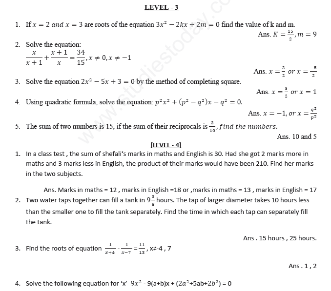 CBSE Class 10 Mathematics Quadratic Equations Assignment Set J