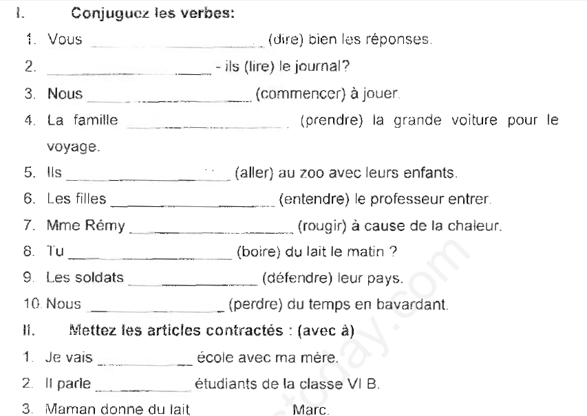 Revision Worksheet Class 6 French
