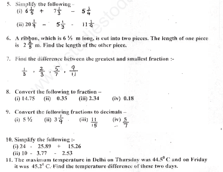 Revision Worksheet Class 6 Mathematics