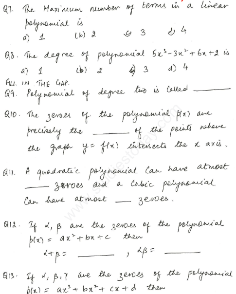 CBSE Class 10 Mathematics Polynomials Assignment Set H