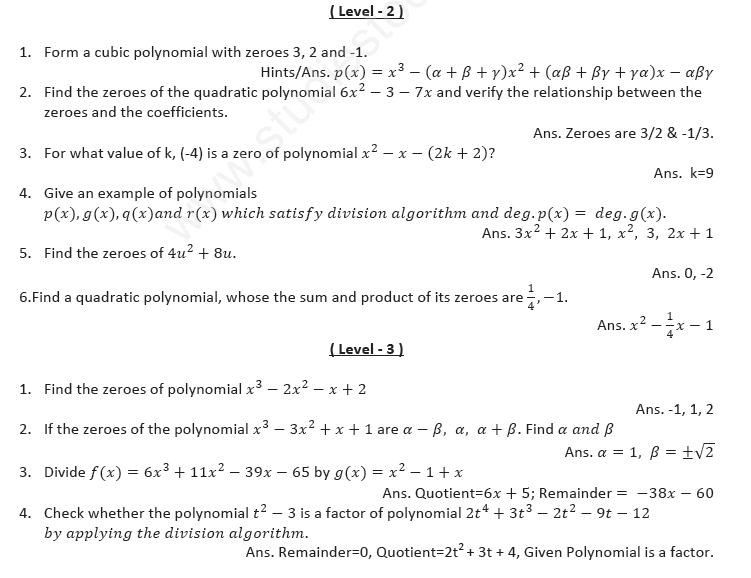 CBSE Class 10 Mathematics Polynomials Assignment Set G