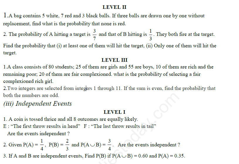 CBSE Class 10 Mathematics Probability Assignment Set E