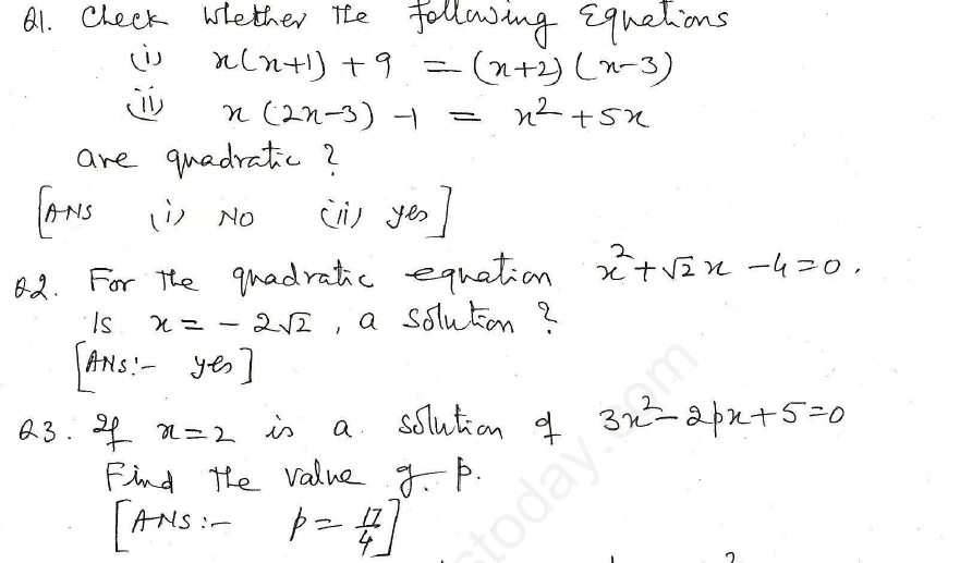 CBSE Class 10 Mathematics Quadratic Equations Assignment Set T