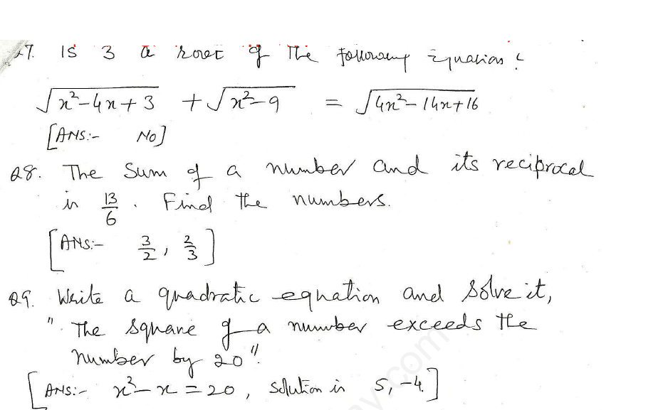 CBSE Class 10 Mathematics Quadratic Equations Assignment Set T