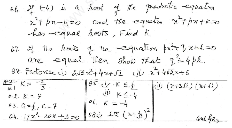 CBSE Class 10 Mathematics Quadratic Equations Assignment Set O