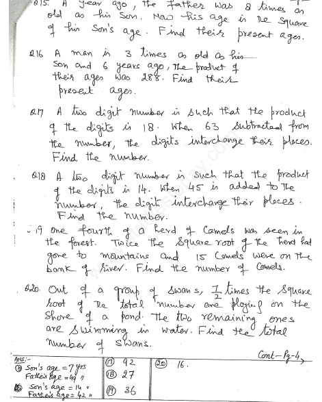 CBSE Class 10 Mathematics Quadratic Equations Assignment Set M