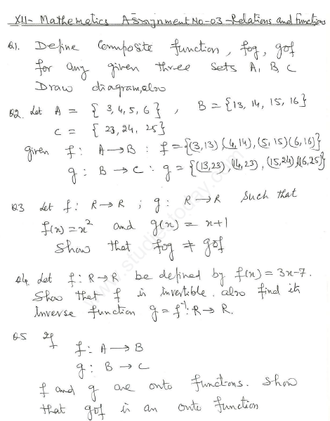 CBSE Class 12 Mathematics Relations And Functions Assignment Set Q