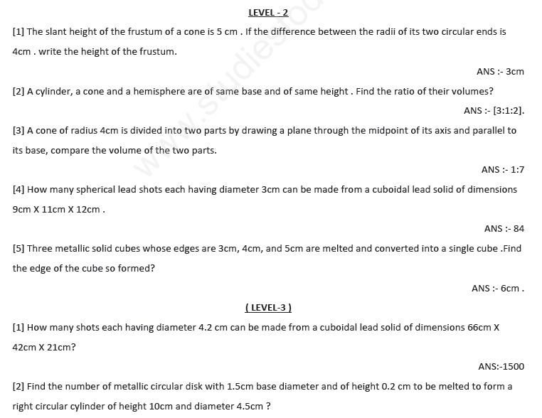 CBSE Class 10 Mathematics Surface Area and Volume Assignment Set D