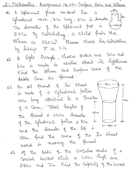 CBSE Class 10 Mathematics Surface Area and Volume Assignment Set G