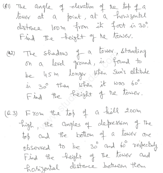 CBSE Class 10 Mathematics Trigonometry Assignment Set Q1