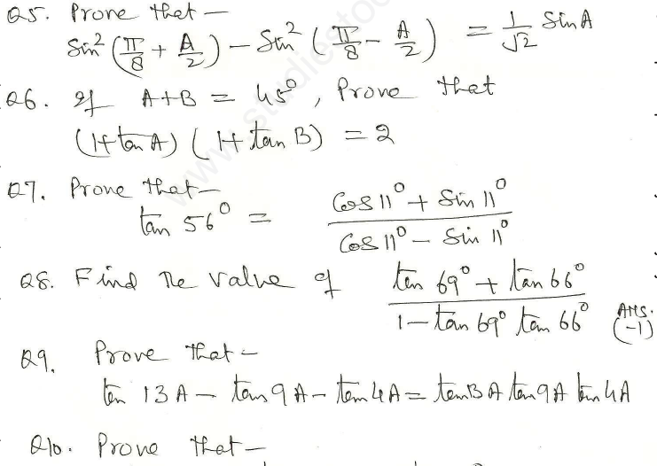 CBSE Class 11 Mathematics Trigonometry Assignment Set I