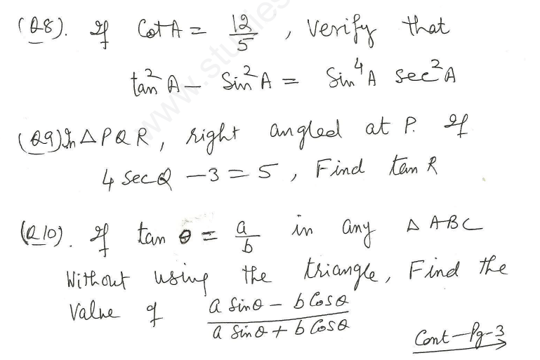 CBSE Class 10 Mathematics Trigonometry Assignment Set Z