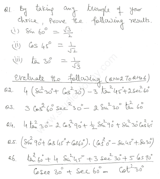 CBSE Class 10 Mathematics Trigonometry Assignment Set Y