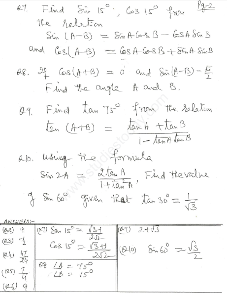 CBSE Class 10 Mathematics Trigonometry Assignment Set Y