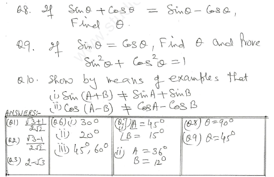 CBSE Class 10 Mathematics Trigonometry Assignment Set X