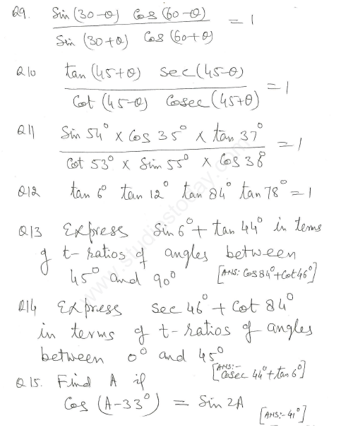 CBSE Class 10 Mathematics Trigonometry Assignment Set W