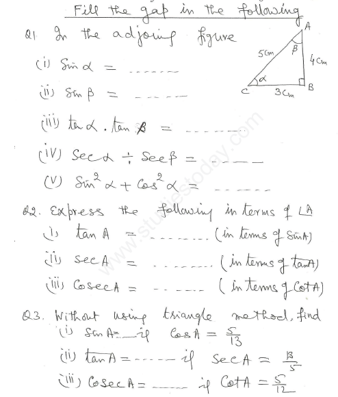 CBSE Class 10 Mathematics Trigonometry Assignment Set U