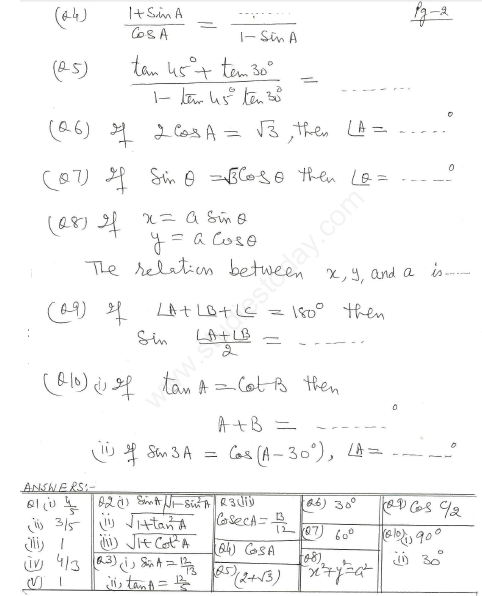 CBSE Class 10 Mathematics Trigonometry Assignment Set U