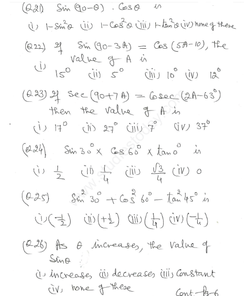 CBSE Class 10 Mathematics Trigonometry Assignment Set S2