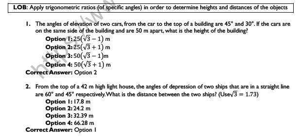 CBSE Class 10 Application of Trigonometry Worksheet Set B 2