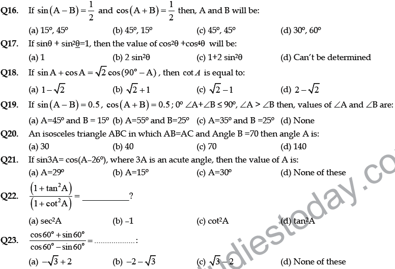 CBSE Class 10 Mathematics Application of Trigonometric Ratios MCQs Set B-1