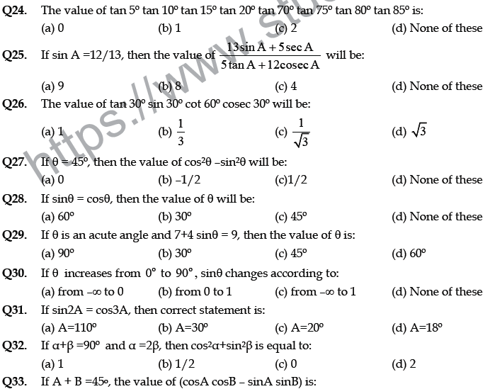 CBSE Class 10 Mathematics Application of Trigonometric Ratios MCQs Set B-2