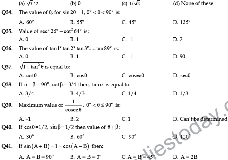 CBSE Class 10 Mathematics Application of Trigonometric Ratios MCQs Set B-3