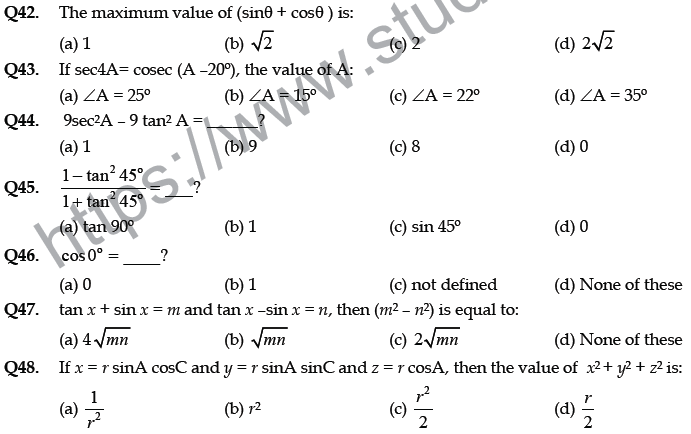CBSE Class 10 Mathematics Application of Trigonometric Ratios MCQs Set B-4