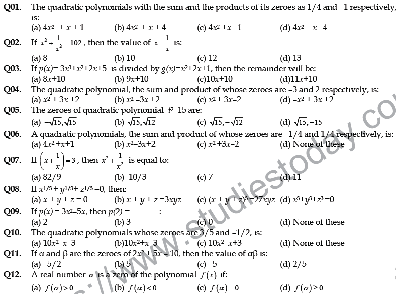 CBSE Class 10 Mathematics Polynomials MCQs Set C