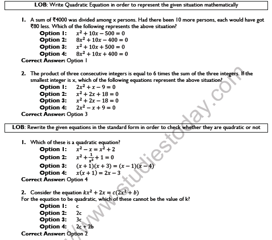 CBSE Class 10 Mathematics Quadratic Equations Worksheet Set D 1