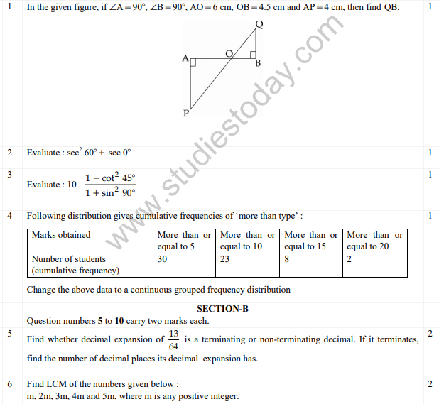 CBSE Class 10 Mathematics Sample Paper Set G