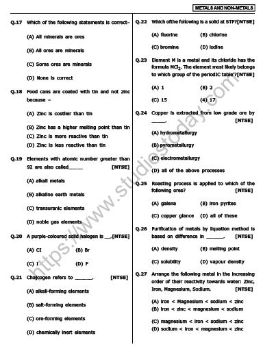 CBSE Class 10 Science Metals and Non metals MCQs Set A 1