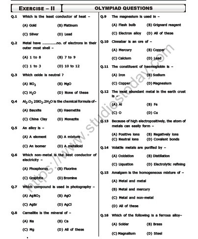 CBSE Class 10 Science Metals and Non metals MCQs Set A 1